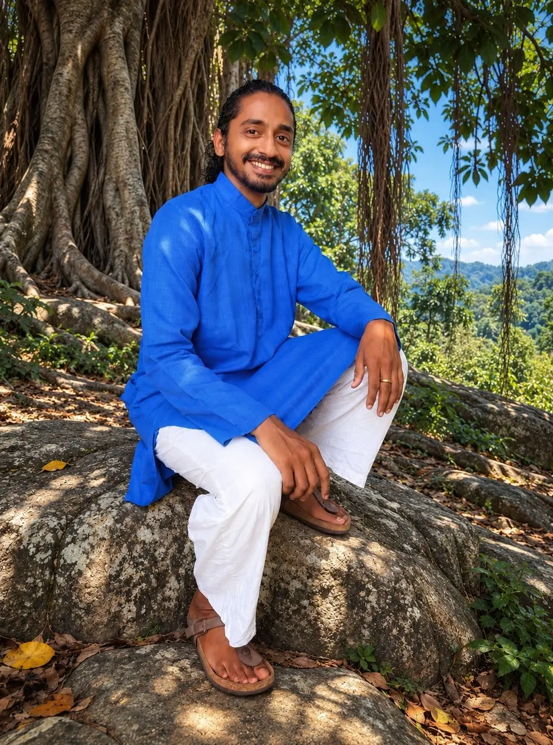 Vinay Swaminathan sitting on a rock beneath a banyan tree, smiling.